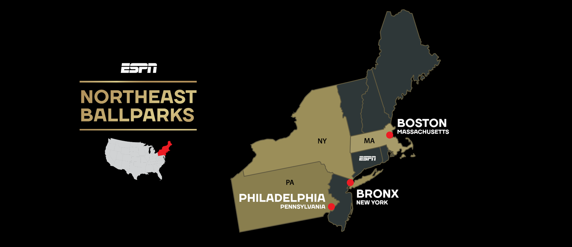 A map of the American Northeast, highlighting the destinations of the trip: Boston, Massachusettes, Bronx, New York, and Philadelphia, Pennsylvania