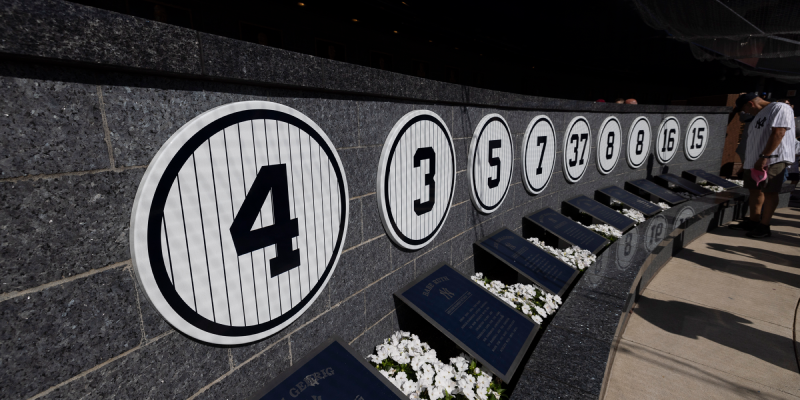The plaques for the Yankees retired uniforms